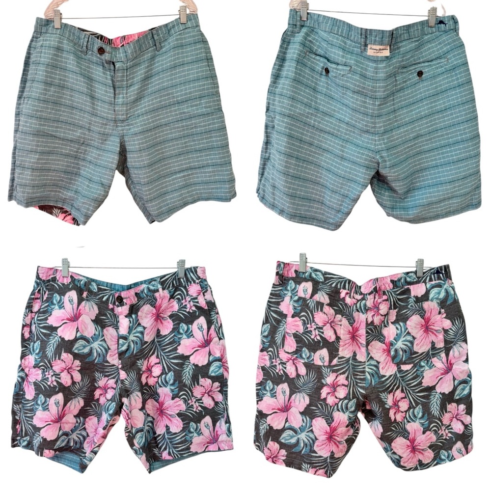 Tommy Bahama 100% Linen Reversible Shorts Blue Stipe, Pink & Green Tropical 40